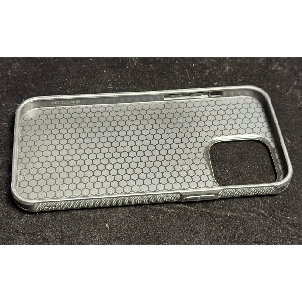 iPhone 14 Pro Max Case: Brown Faux Leather, Honeycomb Shockproof, Gray Frame